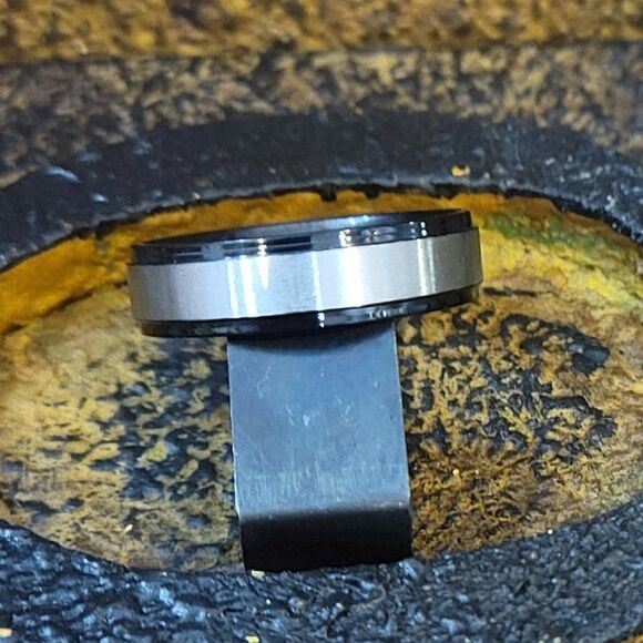 Men's Two Tone Silver and Black Wedding Band Step Edges  Sizes 5 - 13 Available - Picture 3 of 8